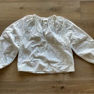 H&M White Broderie Anglaise V-Neck Blouse